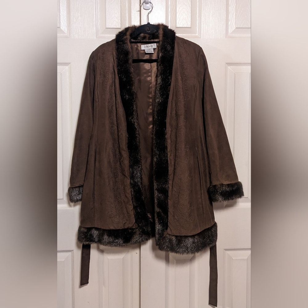 Nine West Womens Evening Coat Brown Lined Faux Fur Trim Shawl Collar Pockets